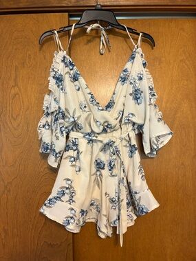 Cream Romper with Blue Floral Print
